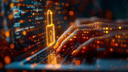 Hands typing on a laptop with a glowing digital lock symbol, bokeh effect, abstract cyber security concept on orange and blue background. Generative AI