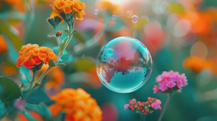Obraz premium Soap bubbles reflect the surrounding orange flowers and sunlight, creating the illusion of a fairy-tale world