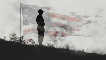 A black and white photo features soldiers standing on a field of grass against the backdrop of the United States flag in the sky.