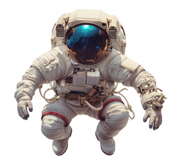 A man in a protective astronaut suit is sitting. Isolated on white and transparent background