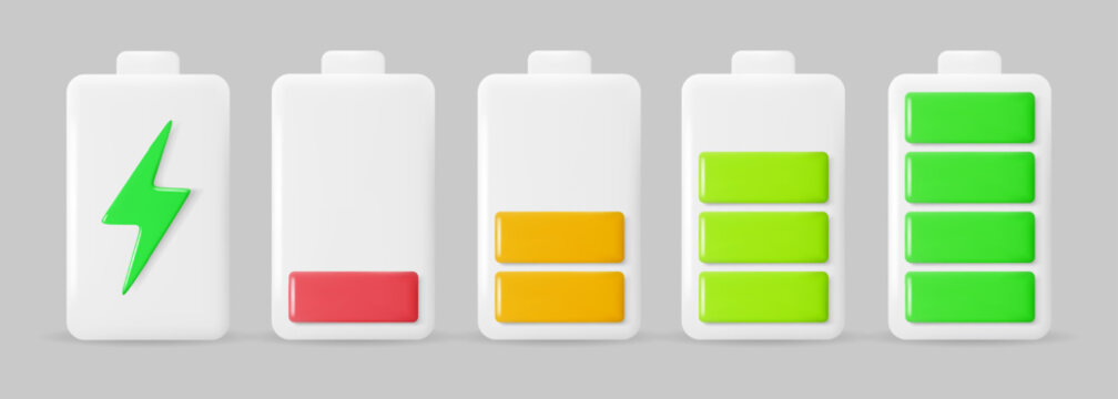 Set of 3D battery charge indicators with charge levels. Energy power symbols. Vector illustration