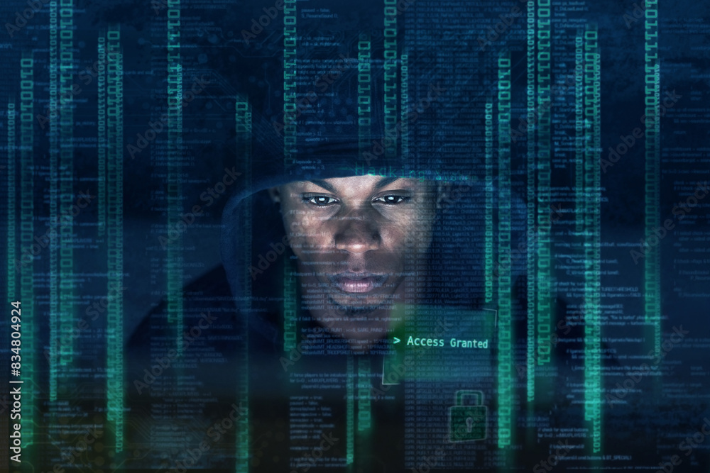 Poster night, hacker and black man with coding for cybersecurity, firewall breach or programming. overlay, 