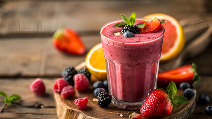 beautiful smoothie background with copy space,Stock image of acai smoothie served in a glass with fresh fruit garnish, nutritious and energizing drink