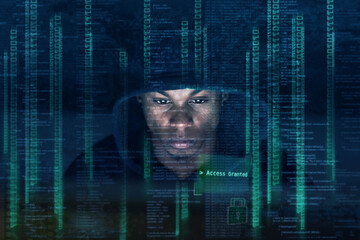 Night, hacker and black man with coding for cybersecurity, firewall breach or programming. Overlay,...
