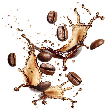 Roasted coffee beans splashing in delicious coffee, cut out