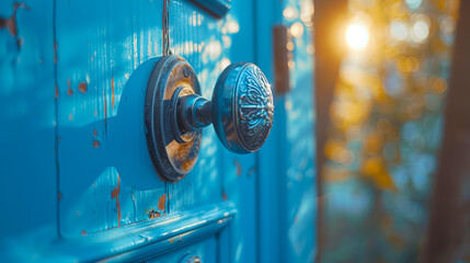 Vintage brass door knob on a vibrant blue wooden door, bokeh background, concept of entrance. Generative AI