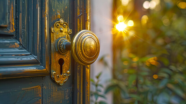 A vintage brass doorknob on a dark door, sunlight creating a lens flare, symbolizing opportunity. Generative AI