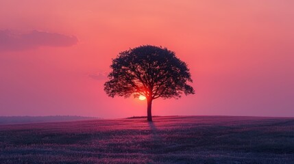 A solitary tree stands in a field, silhouetted against a vivid pink and orange sunset sky