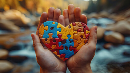 Hands holding colorful jigsaw puzzle pieces forming a heart shape, symbolizing connection and teamwork