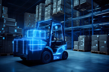 Futuristic Autonomous Forklift Drives on the Warehouse with Sensors Scanning Surrounding.