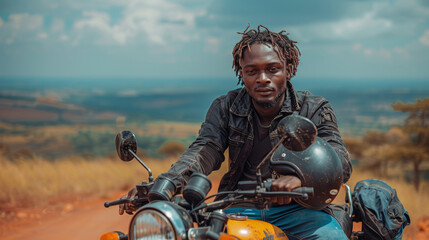 An intense portrait of an African biker on a motorcycle with open vistas reflecting a sense of adventure
