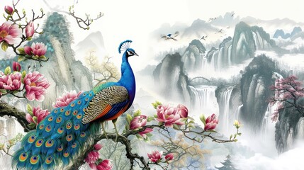 3D peacock sitting on a magnolia tree branch wallpaper