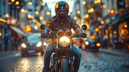 A motorcyclist in a full protective gear dominates the illuminated urban streets at night