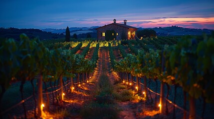 A serene vineyard at twilight adorned with warm lights leading to an inviting stone house