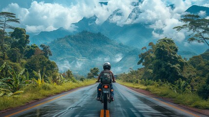A motorcyclist rides on a wet road, with misty mountains and lush greenery surrounding them