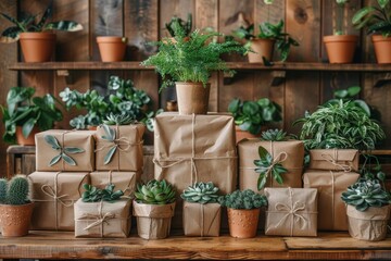 Indoor plants and gift box decorated with green leaves