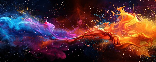 Colorful Paint Splashes Against Black Background
