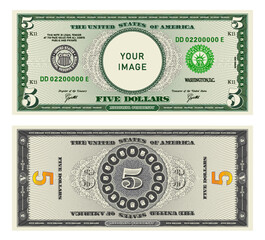 Vector highly detailed fictional beautiful 5 US dollar banknote. Obverse and reverse of American bill with guilloche patterns. Empty circle in center. Sample, your image. Five dollars.