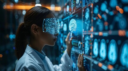 A female scientist touches holographic brain scans on a futuristic interface in a data center