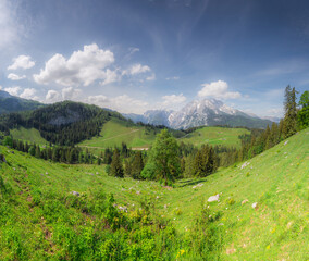 Obraz premium Mountain valley with tracks near Jenner mount in Berchtesgaden National Park