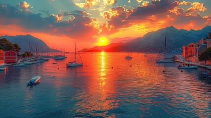 A vibrant harbor view with sailboats, calm waters under the enchanting glow of an orange sunset...