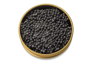 Caviar in round gold tin box isolated,  sturgeon eggs