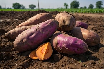 Image of a pile of purple sweet potatoes placed in a field. The tubers are arranged neatly and regularly in the yard with agricultural land in the background