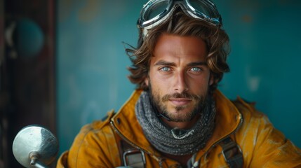 Obraz premium Stylish man dressed in vintage pilot gear poses earnestly next to a classic bike