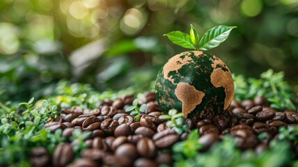 AI-generated illustration of a plant in the form of planet Earth growing from a heap of coffee beans