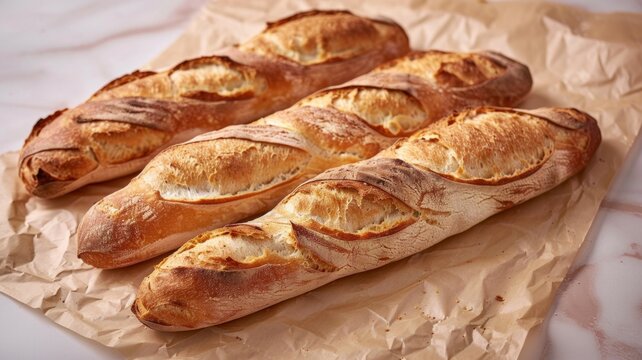 AI-generated illustration of Freshly baked bread on parchment paper ready for consumption