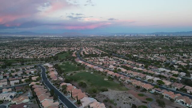 Drone video of Sun City Summerlin in Las Vegas, Nevada, just before the sunset.