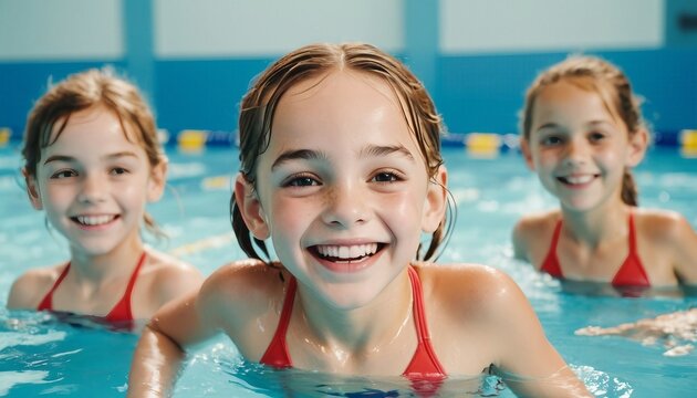 Group of happy kids learning swimming in indoor summer pool. Happy children kids group at swimming pool class learning to swim, happy summer vacation.