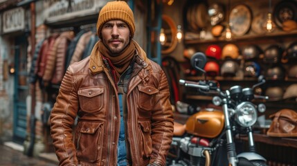 Fototapeta premium Stylish man at motorbike store with various helmets and a motorcycle in the background