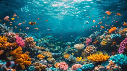 Obraz premium An underwater seascape showcases a diverse coral reef bustling with colorful fish and marine life