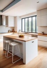 Kitchen interior in beautiful new luxury home with kitchen island and wooden floor, 
