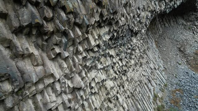 Close proximity aerial at Symphony of Stones, basalt cliffs in Armenia