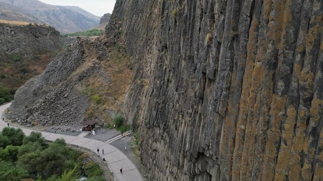Flight along Symphony of Stones at Garni Canyon cliffs in Armenia