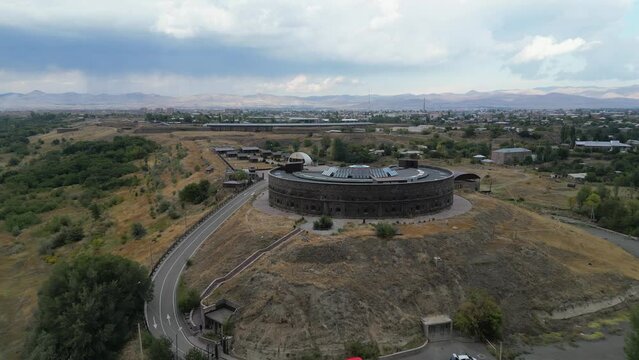 Aerial approach to old Russian Sev Berd Black Fortress, Gyumri Armenia