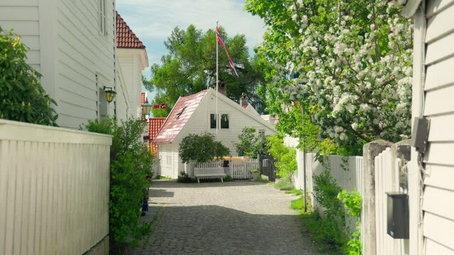 Old cozy white houses in a cozy alley in Sandviken, Bergen. Norwegian flags in the wind. Green trees and plants.