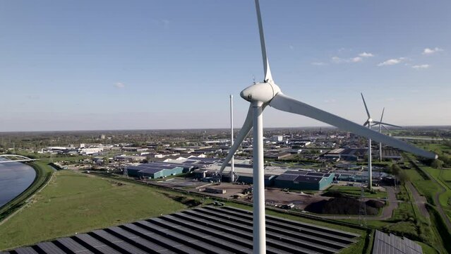 Clean energy wind turbines and solar panels hub in The Netherlands