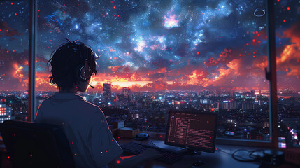 An illustration of a guy working at his desk and watching the sunset over a big city, comic style, manga style, anime style 4K 16:9