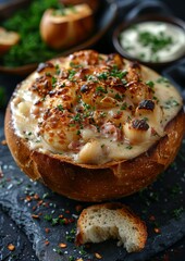 Clam Chowder - Creamy clam chowder in a bread bowl.
