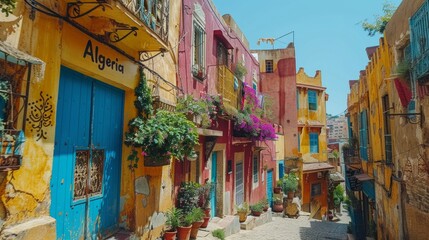 A vibrant alley with colorful doors, plants, and Algeria signage, evoking a warm Mediterranean vibe