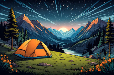 A campsite in a forest clearing with a tent, campfire, and trees casting long shadows under the moonlight vector art illustration generative AI.

