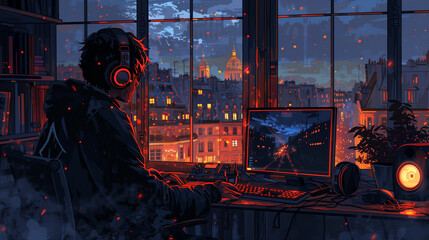 An illustration of a guy working at his desk and watching the sunset over a big city, comic style, manga style, anime style 4K 16:9