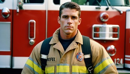 Fototapeta premium Portrait of a male firefighter in full uniform, standing in front of a fire truck 
