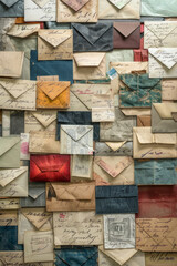 A dense arrangement of envelopes in various sizes and colors, filling the entire frame. The envelopes include handwritten addresses and stamps, creating a nostalgic and personal background 