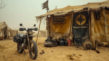Obraz premium An off-road motorcycle stands in front of a worn-out tent with texts in a dusty, desert-like environment depicting a remote living space