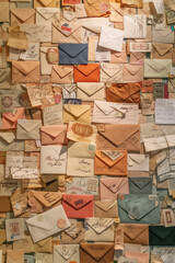 A dense arrangement of envelopes in various sizes and colors, filling the entire frame. The envelopes include handwritten addresses and stamps, creating a nostalgic and personal background 