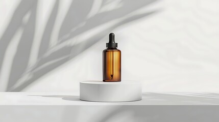 A bottle of liquid on a round white platform with background